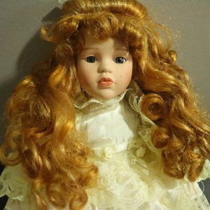 Porcelain Doll Long reddish long Curly Hair white